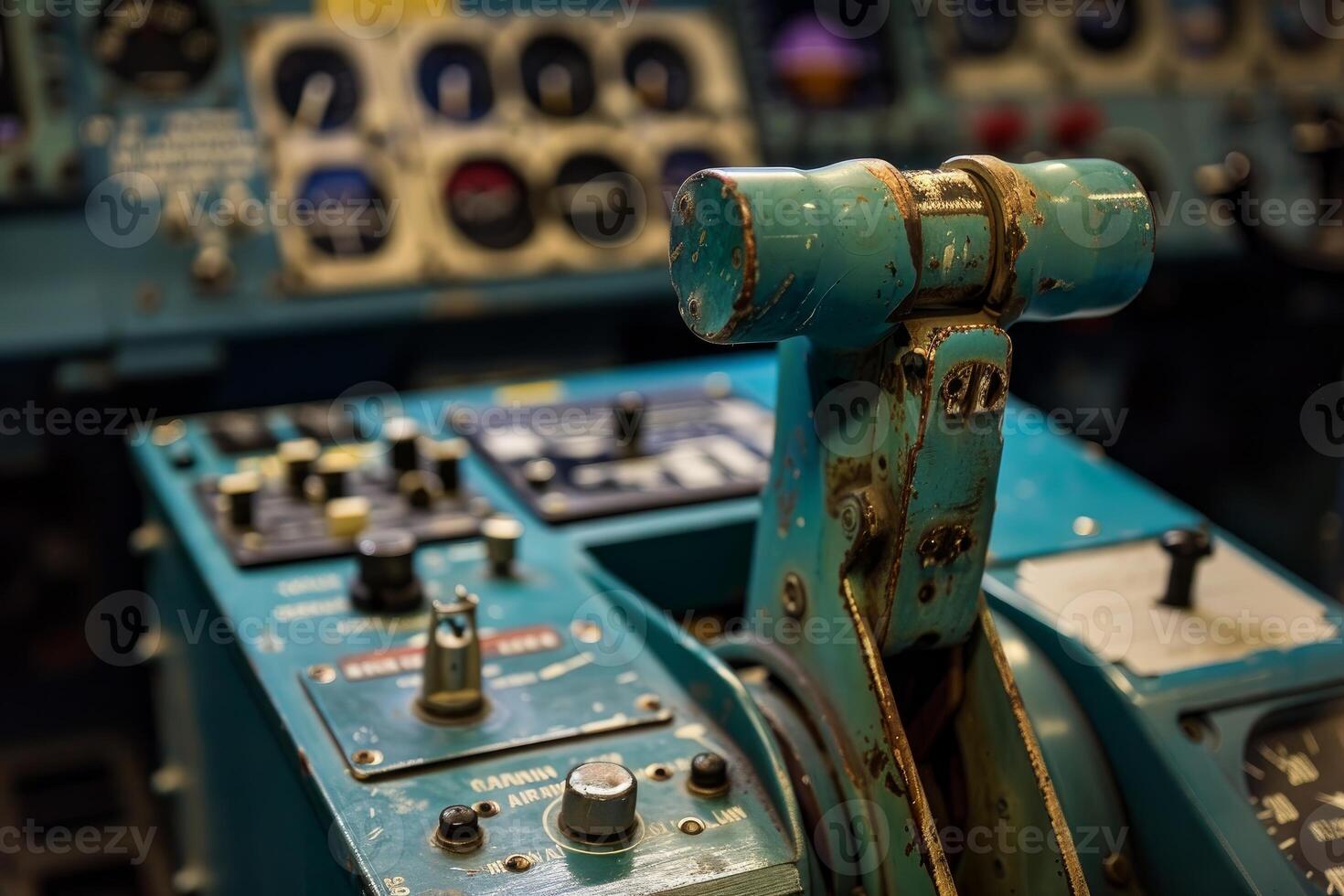 Old airplane control stick standing in cockpit surrounded by buttons and levers photo