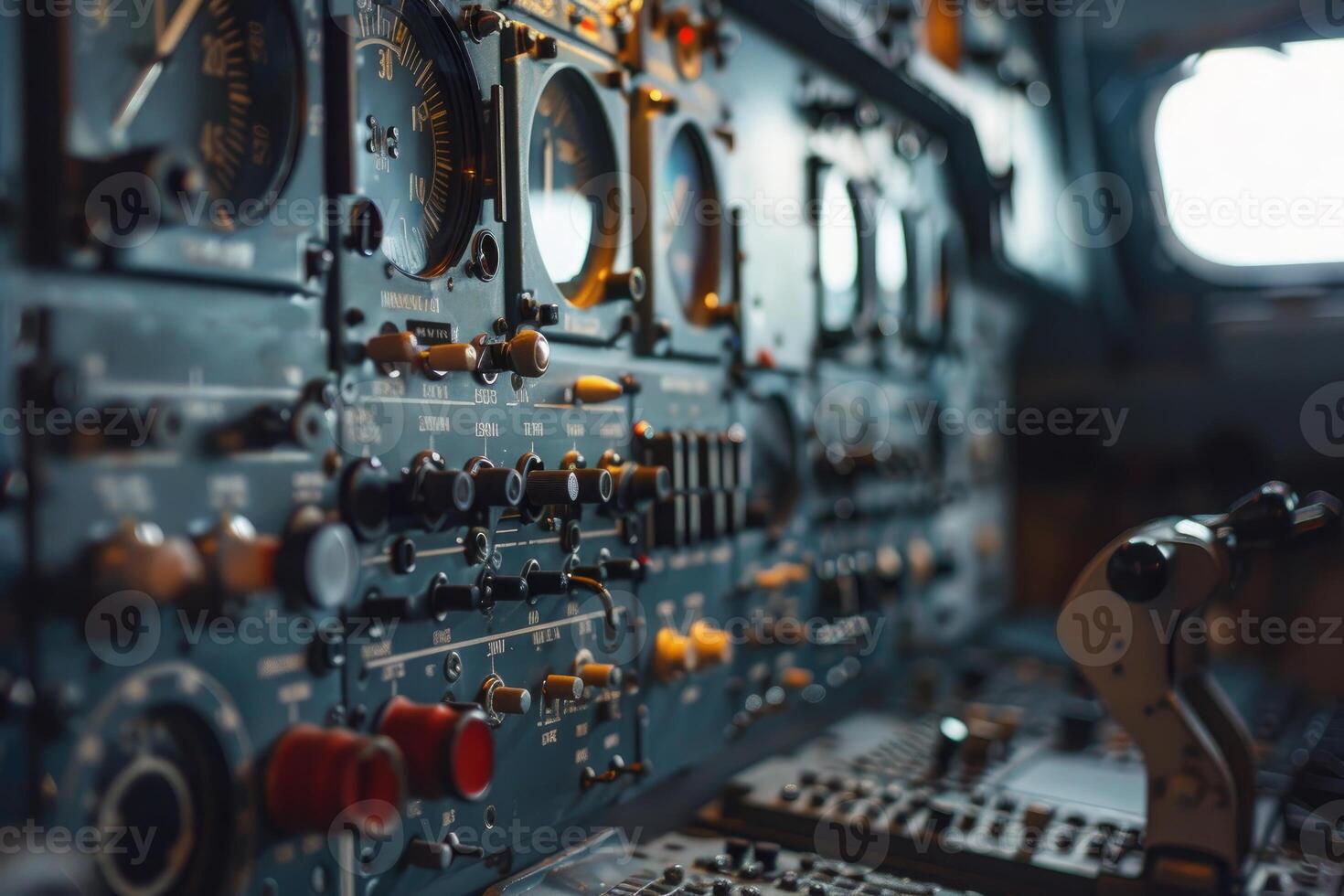 Airplane cockpit control panel with many buttons and levers photo