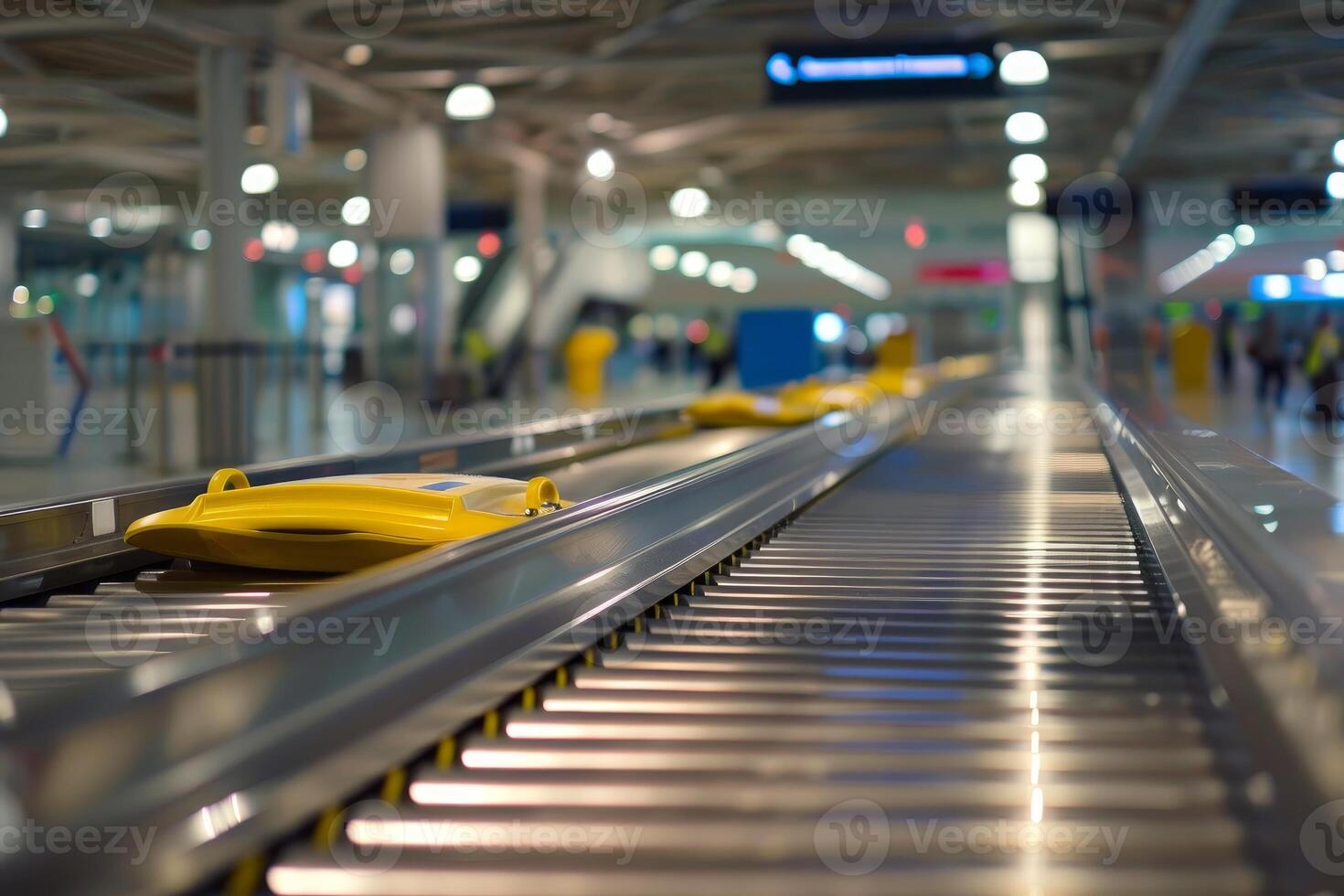 Empty baggage claim carousel waiting for suitcases in airport terminal photo