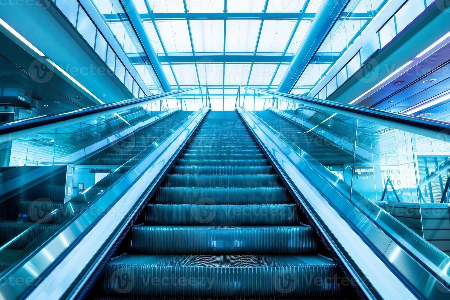 Modern empty escalator going up in a building with glass roof photo
