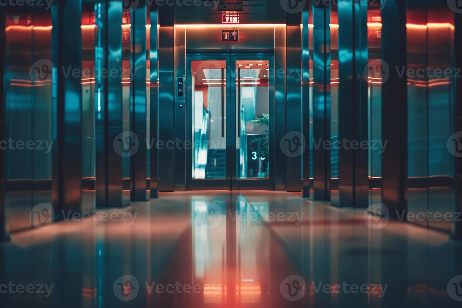 Empty elevator hall with red and blue lights reflecting on the floor photo
