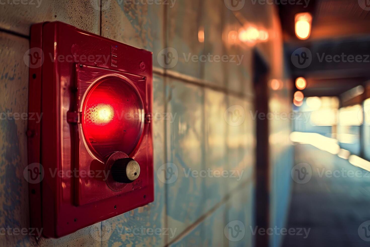 Red fire alarm light flashing on tiled wall photo