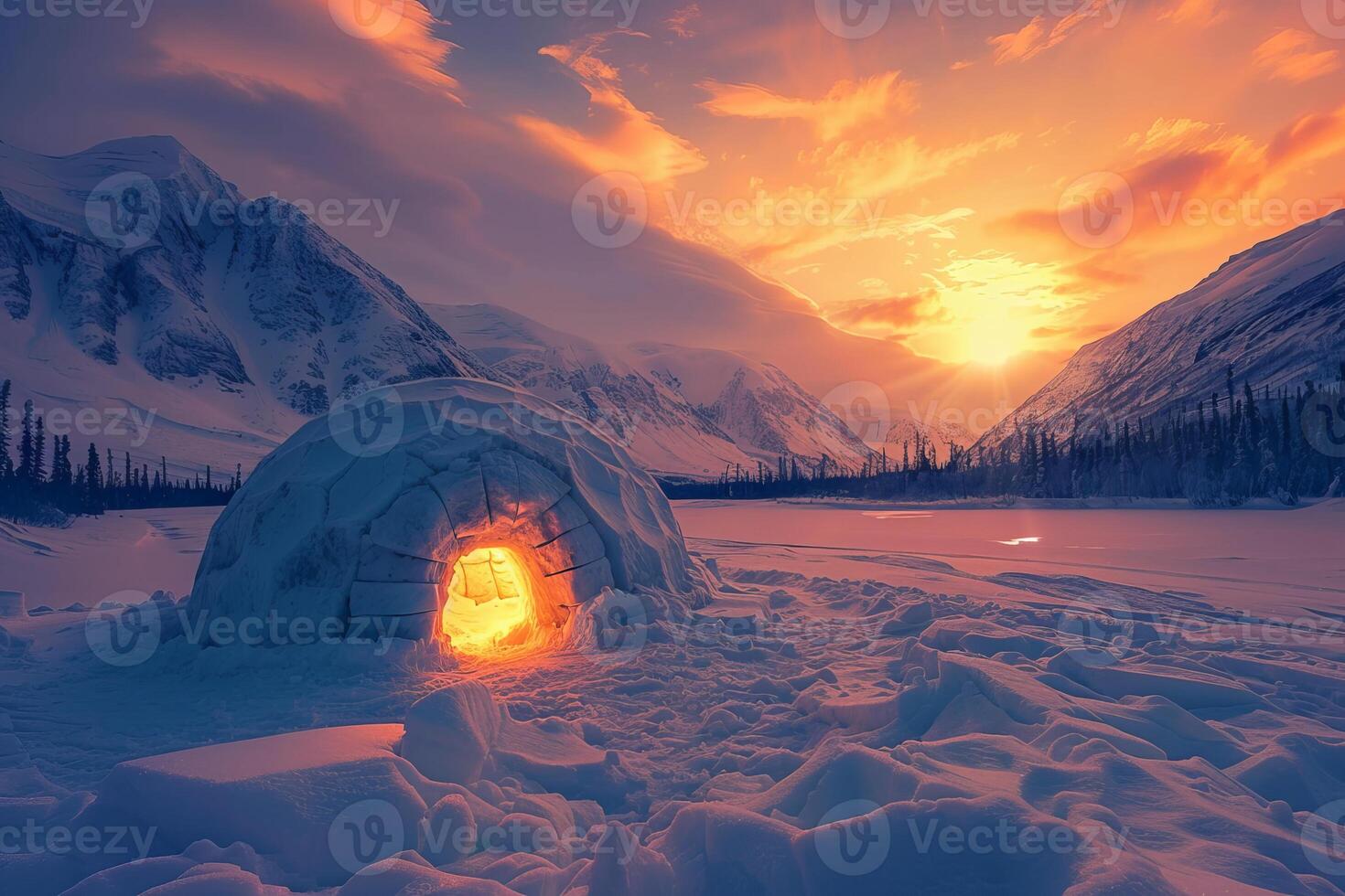Igloo glowing in sunrise light with majestic snowy mountains photo