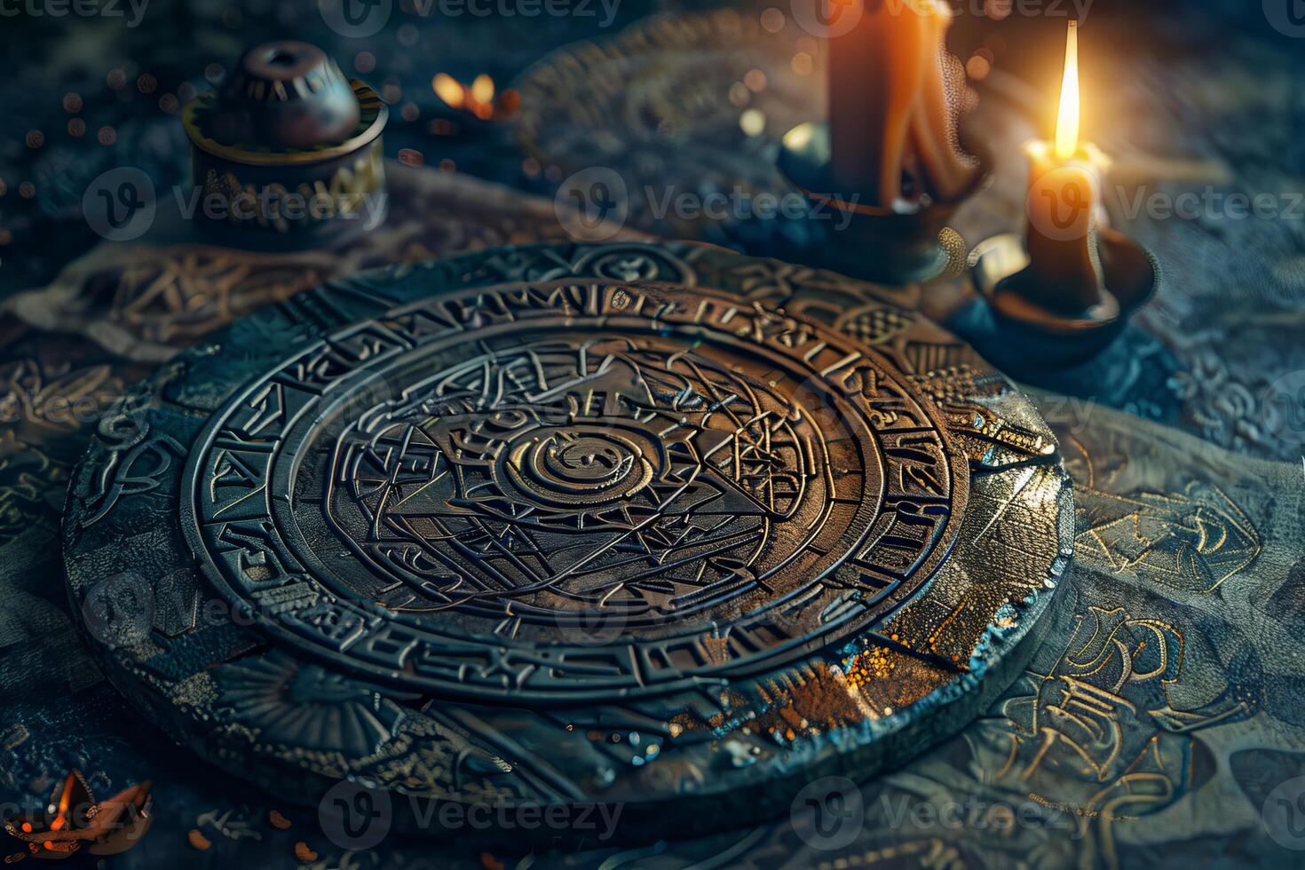 Ancient mayan calendar stone disk depicting time and prophecy photo