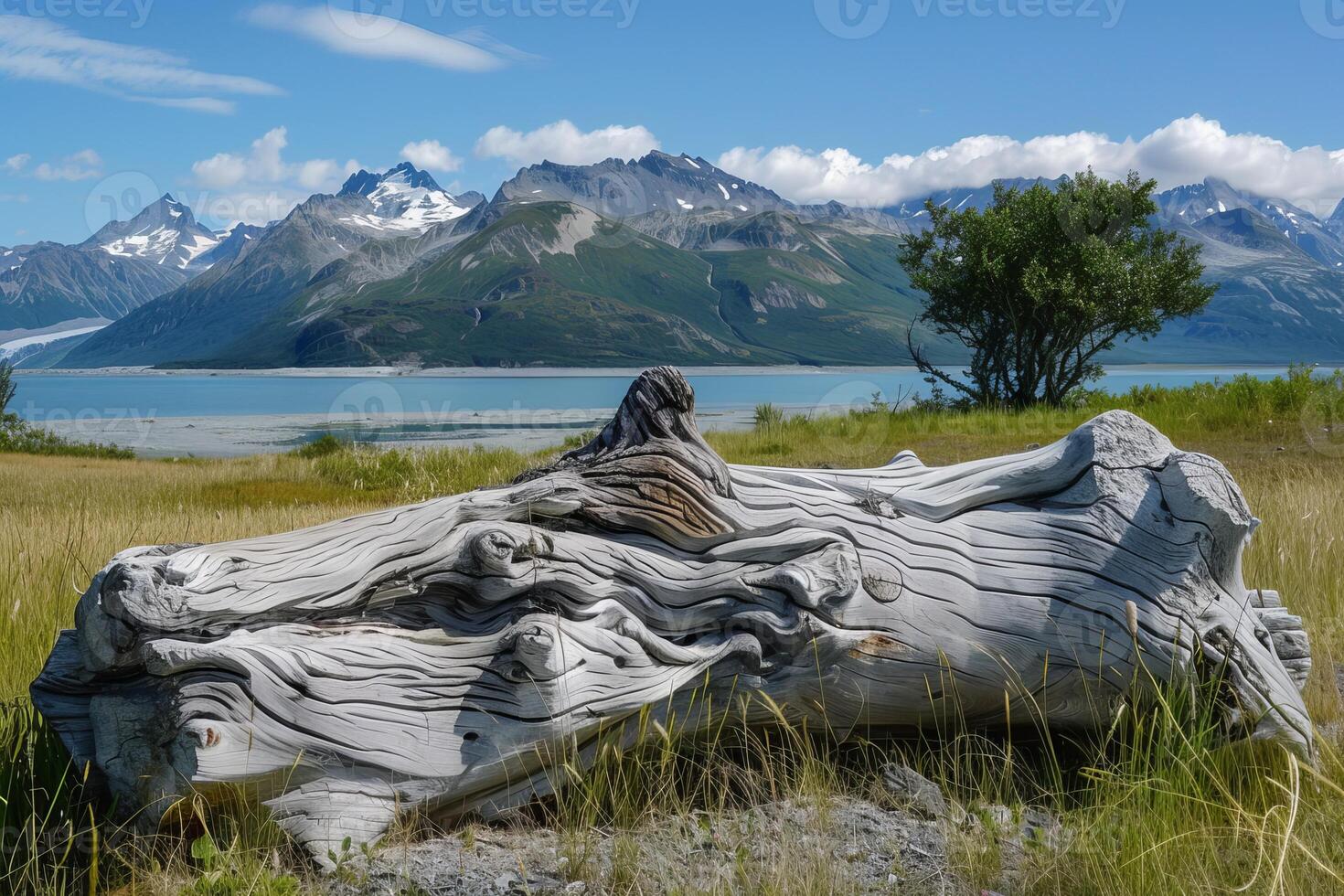 Weathered driftwood log lying on grassy tundra with lake and mountains in background photo