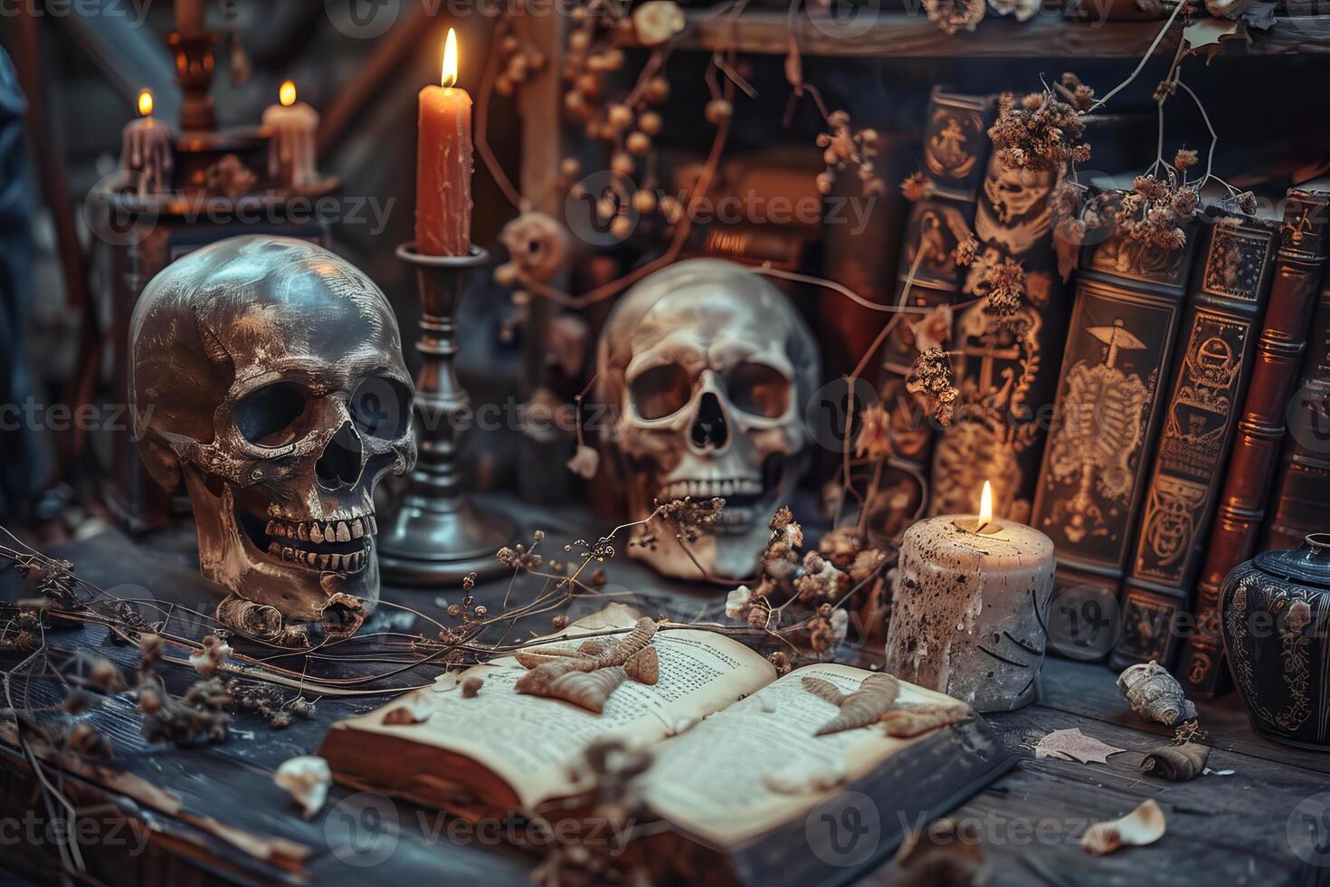 Open grimoire surrounded by two skulls and lit candles on witchcraft table photo