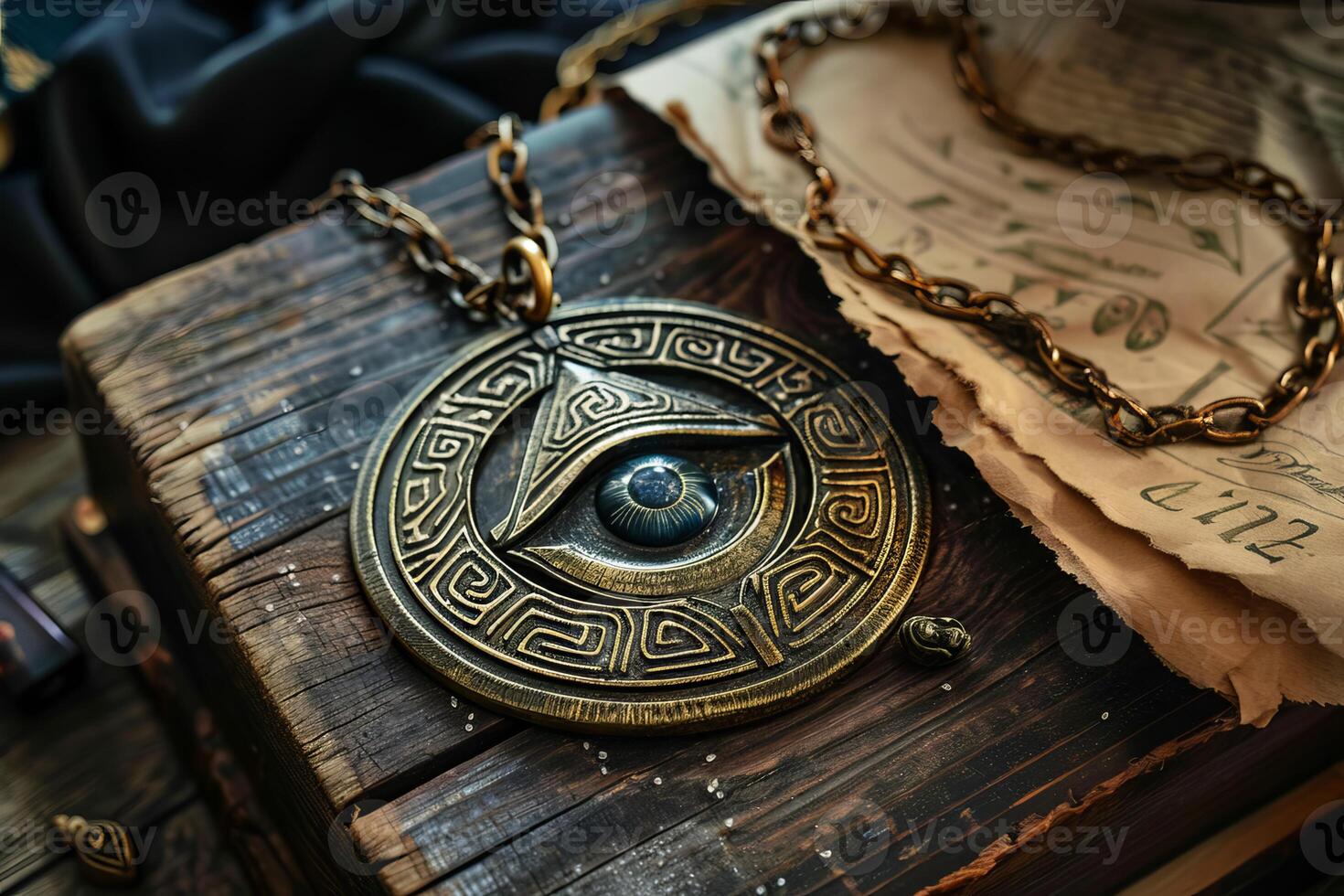 Bronze amulet in the shape of an all seeing eye lying on a wooden chest with old paper photo