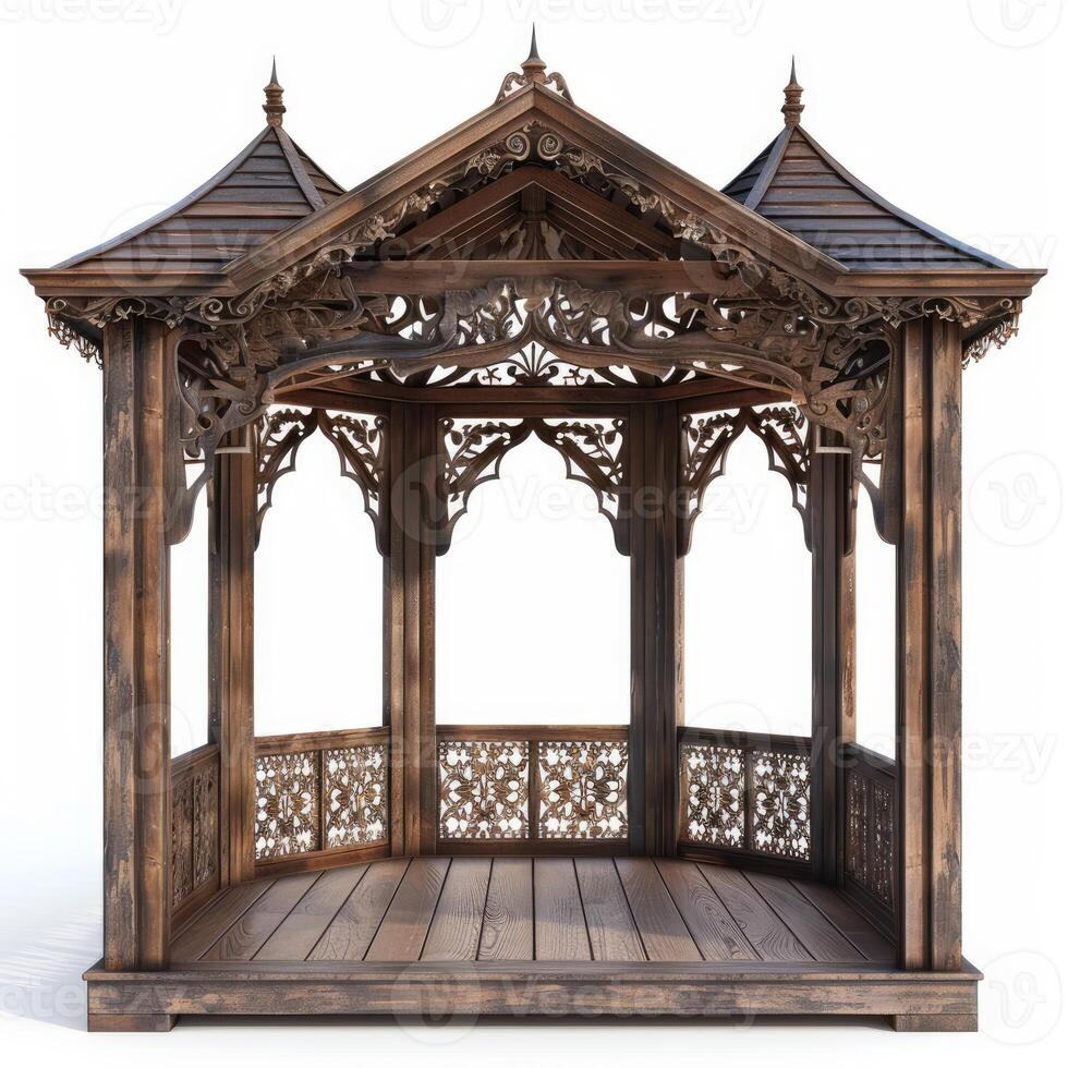 Ornate wooden gazebo showcasing intricate asian inspired carvings photo