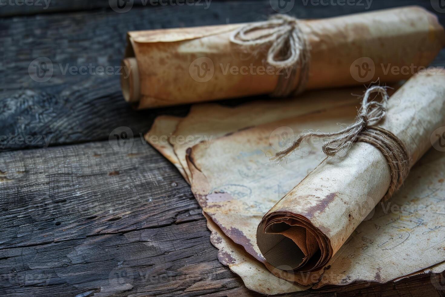 Old rolled up scrolls tied with rope lying on a wooden table photo
