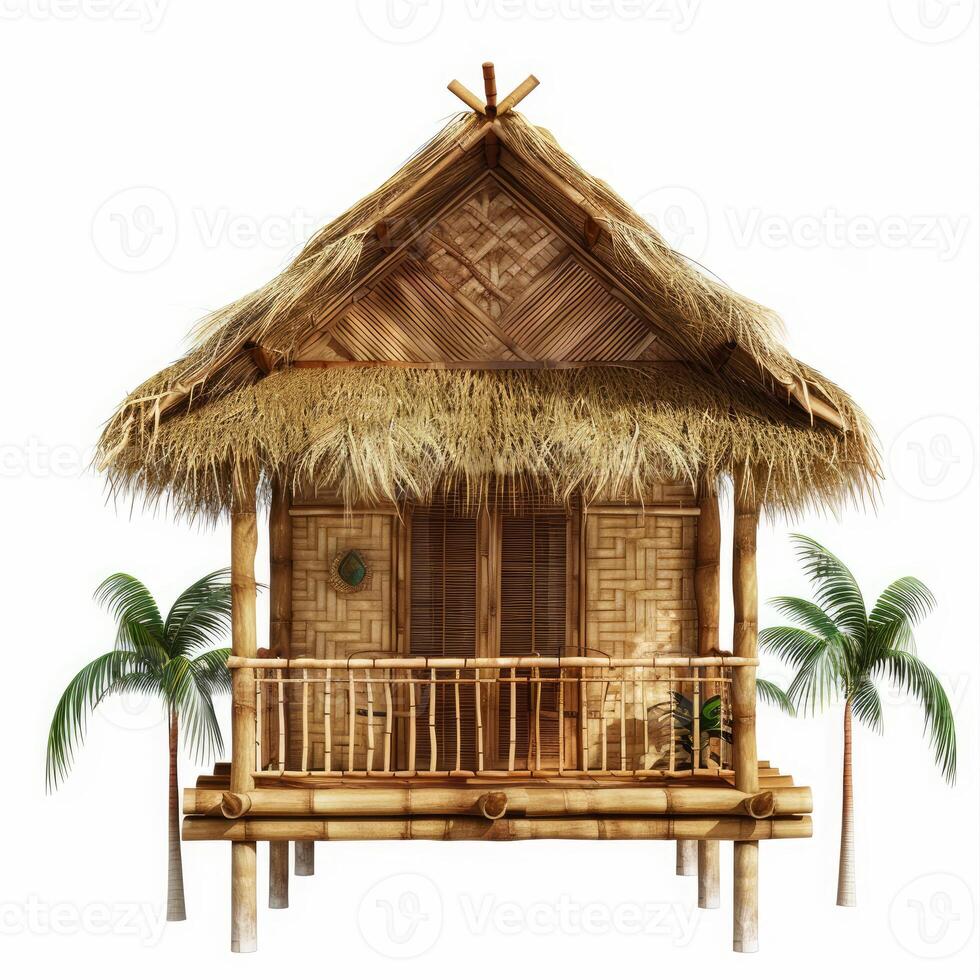 Tropical bamboo hut with thatched roof and palm trees stands on white background photo