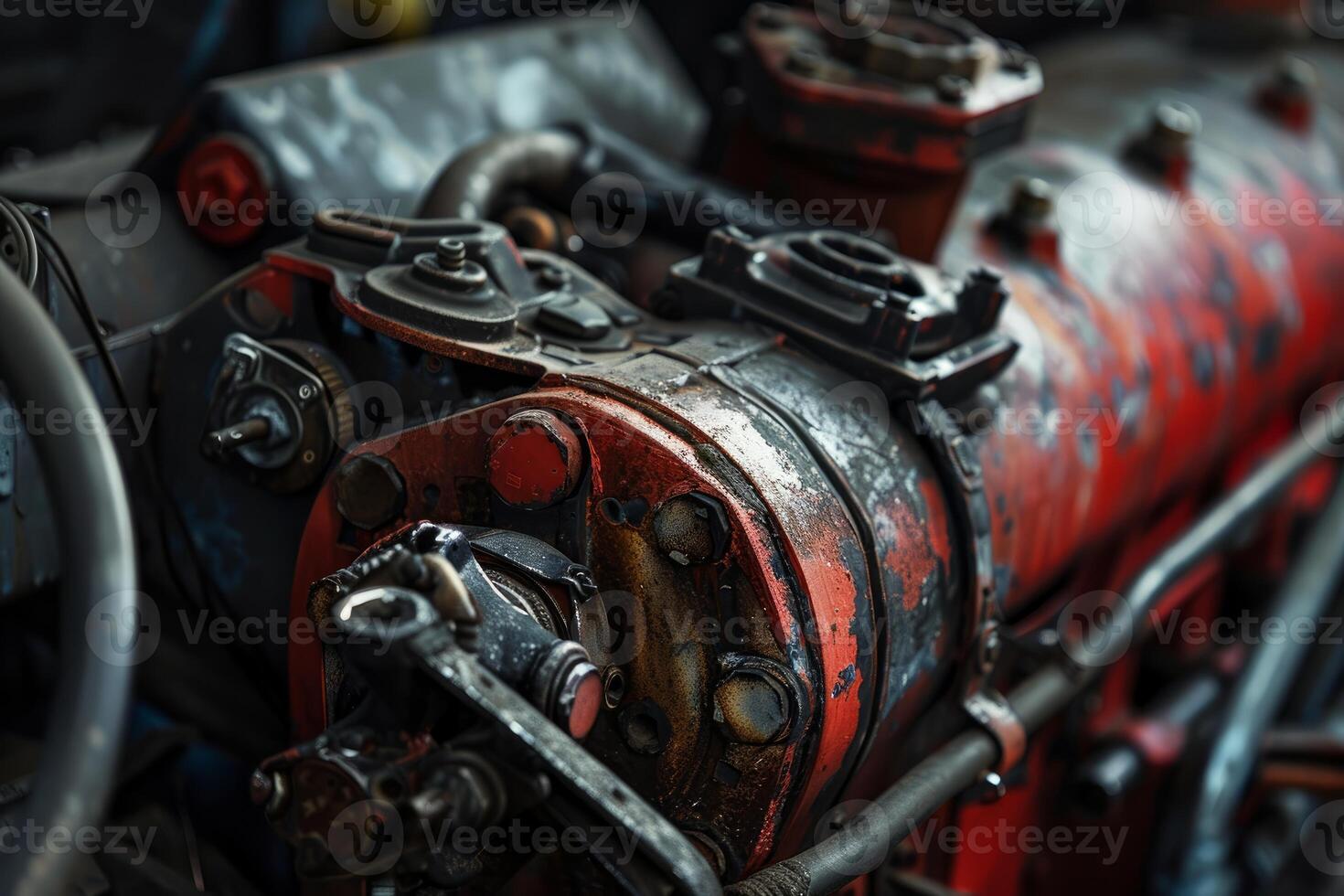 Close up of a rusty engine showing mechanical gears and components photo