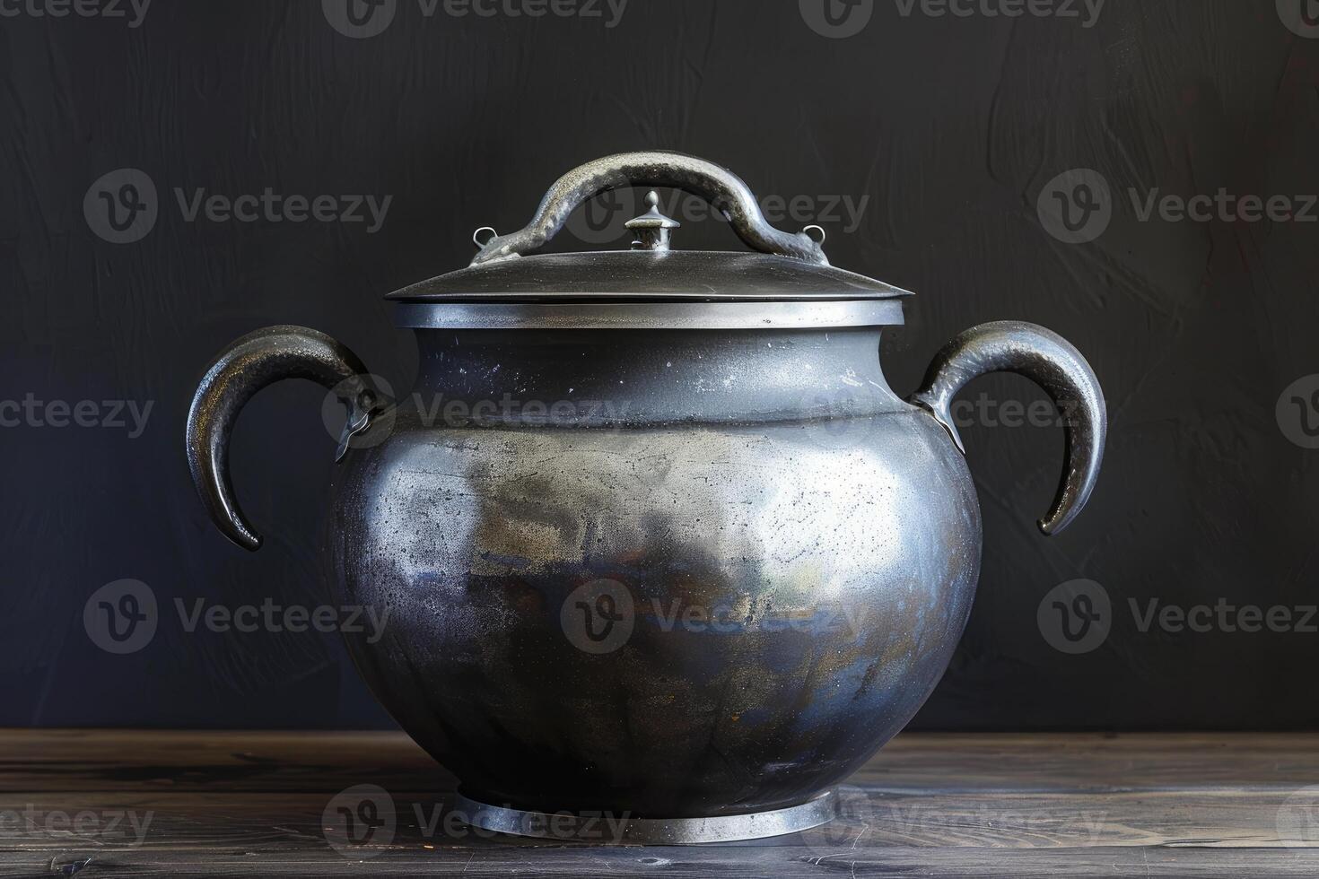 Old cast iron pot with lid sitting on wooden table on black background photo