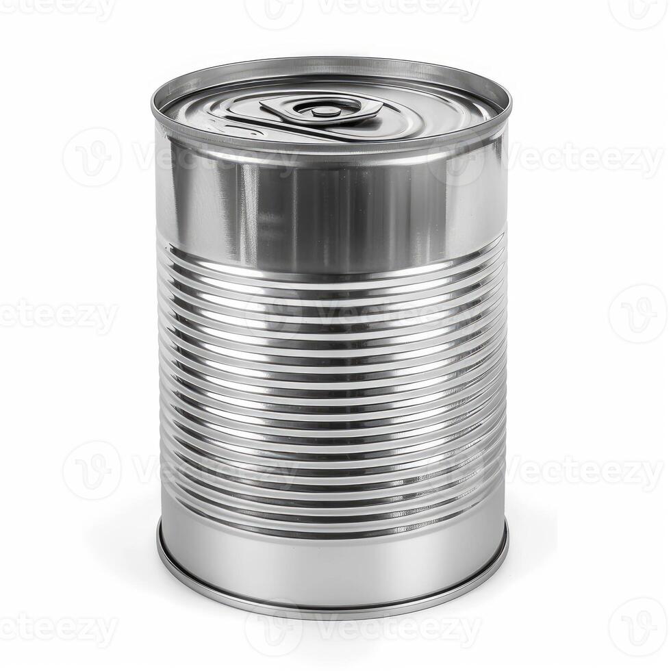 Closed tin can standing on white background photo