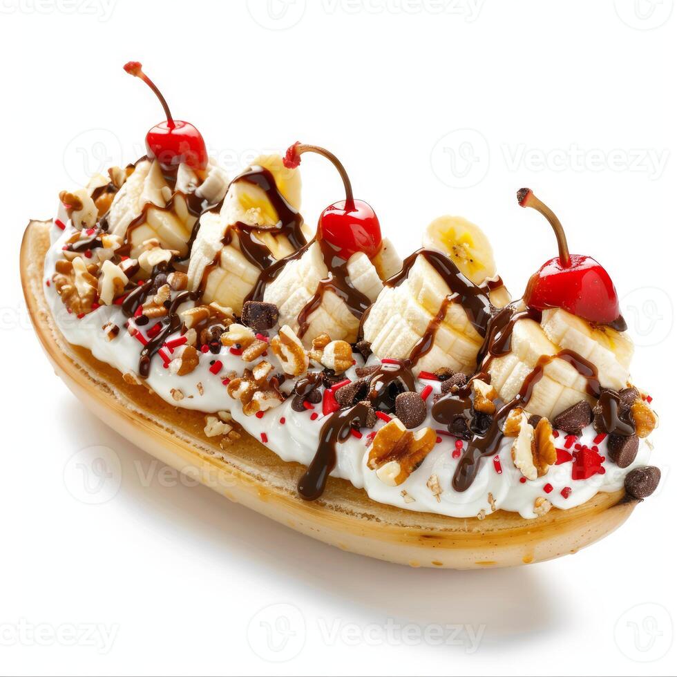 Banana split sundae drizzled with chocolate syrup and topped with cherries photo