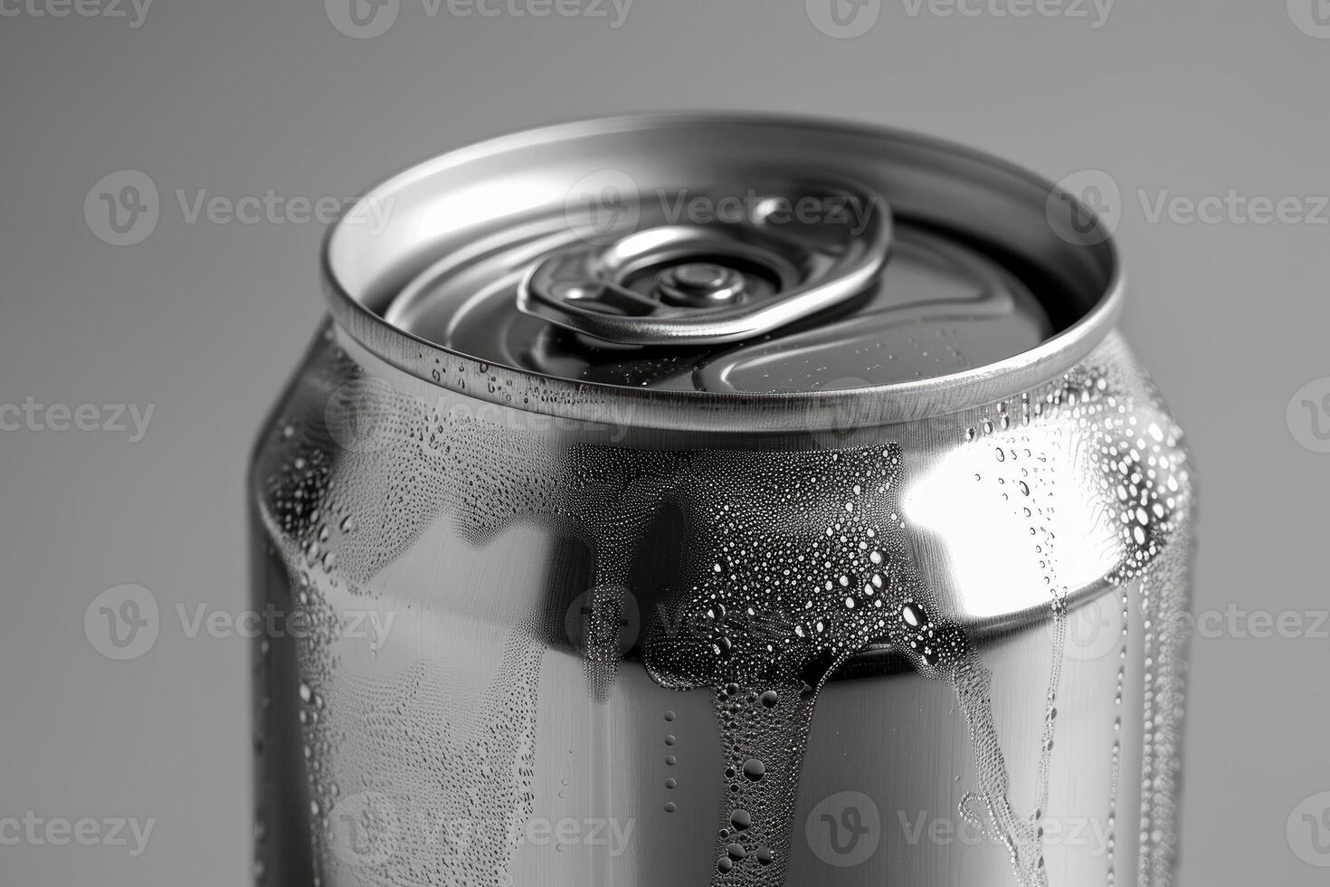 Aluminum can covered with condensation on gray background photo