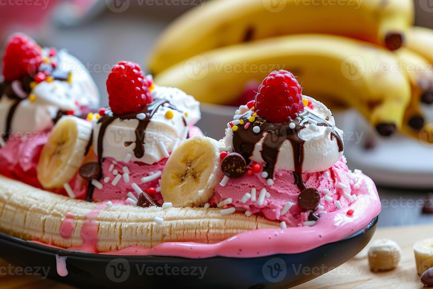 Banana split dripping with chocolate sauce and topped with raspberries photo