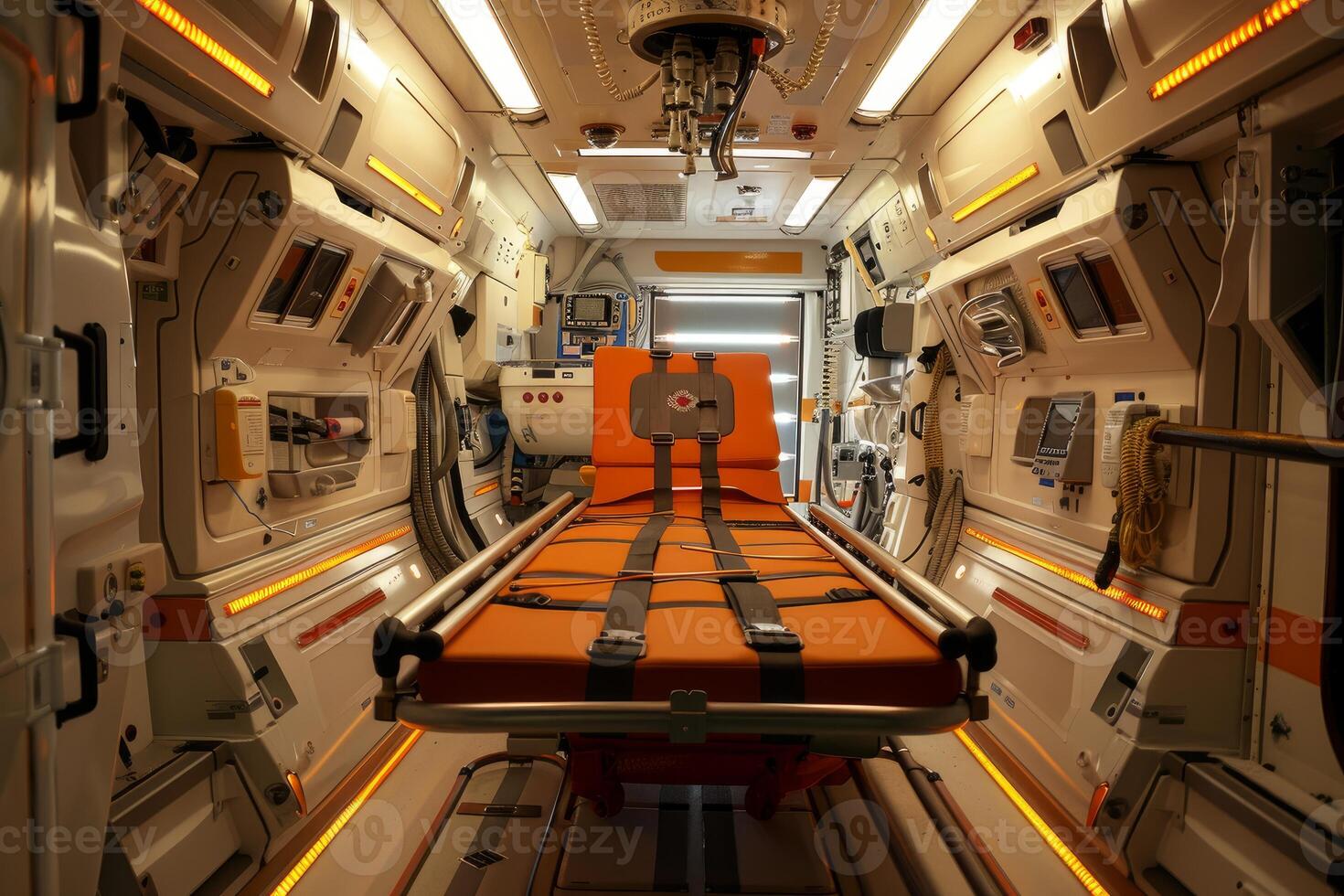 Empty stretcher waiting in a modern ambulance interior photo