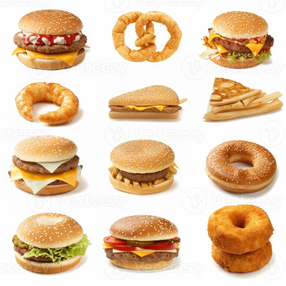 Delicious fast food collection presenting hamburgers, sandwiches, pretzels, onion rings, french fries and bagel on white background photo