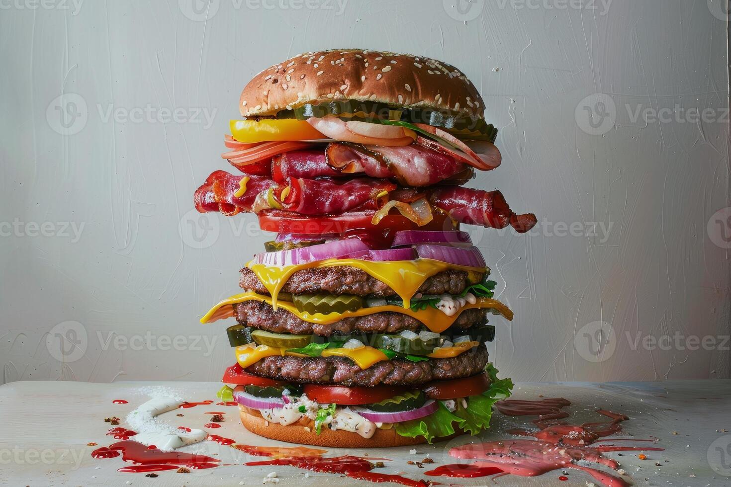 Giant burger standing on table with sauces spilling around photo