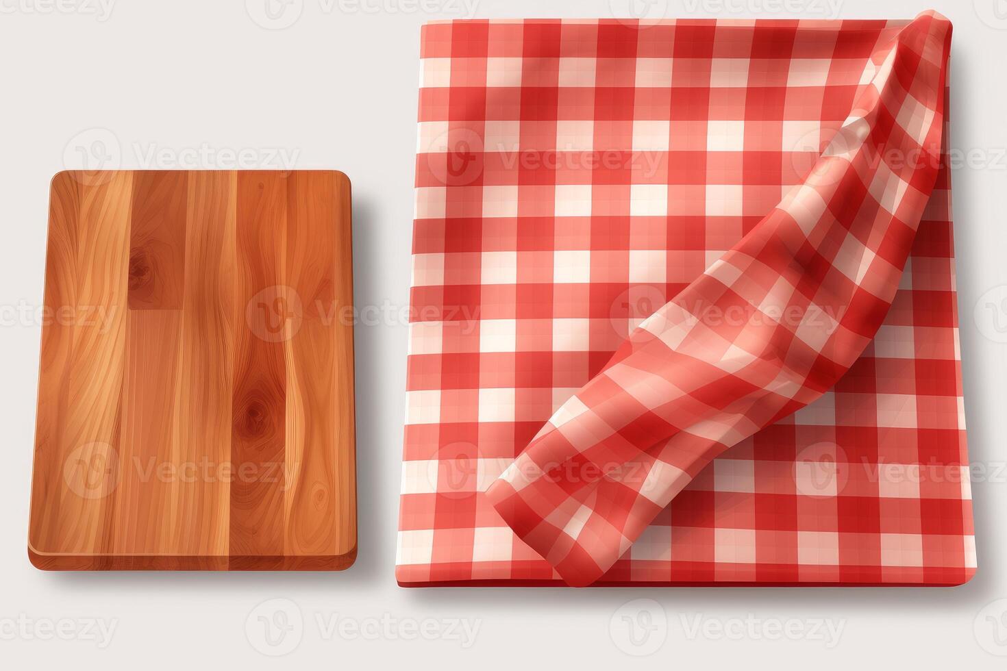 Empty wooden cutting board and folded red checkered tablecloth on white background photo