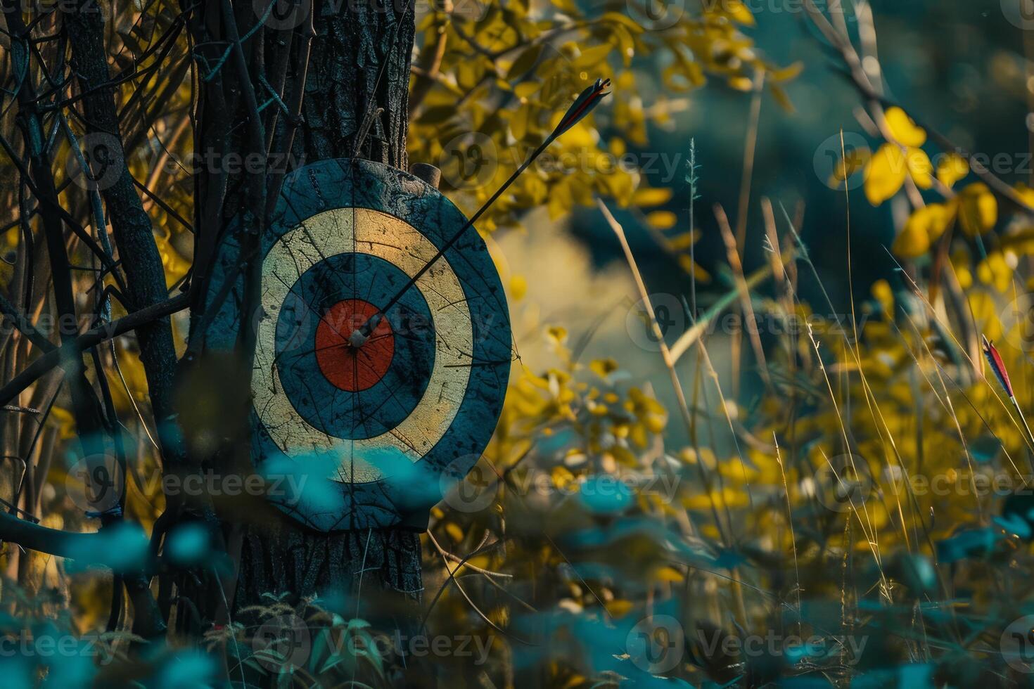 Arrow hitting the center of an archery target on a tree photo
