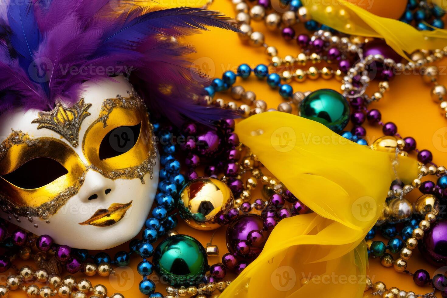 Mardi gras mask with colorful beads and feathers on yellow background photo