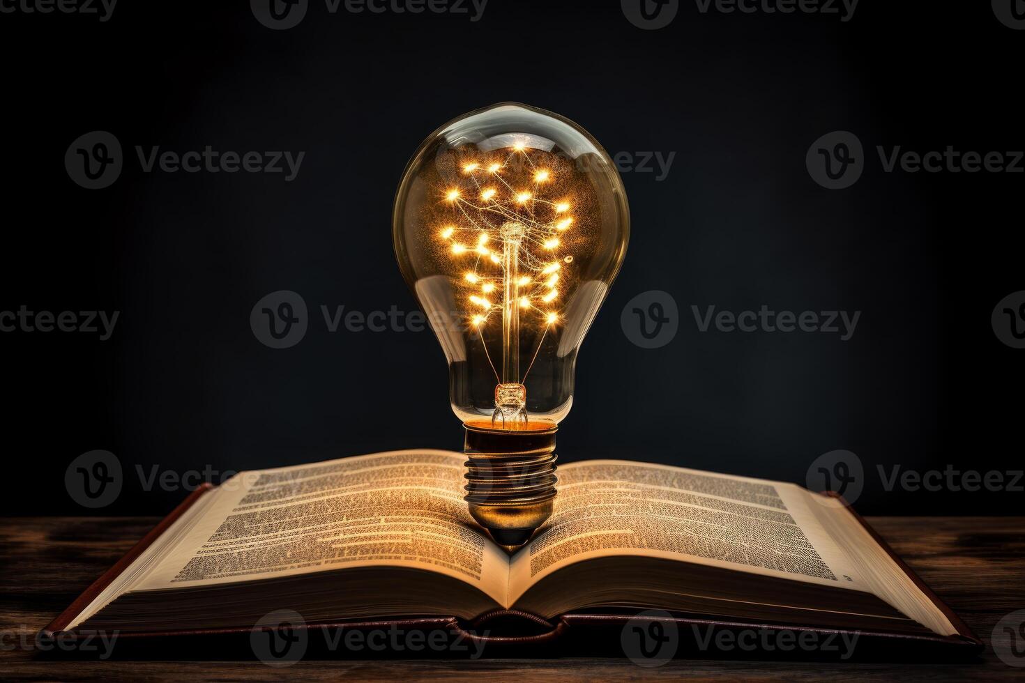 Bright lightbulb illuminating open book, knowledge and inspiration photo