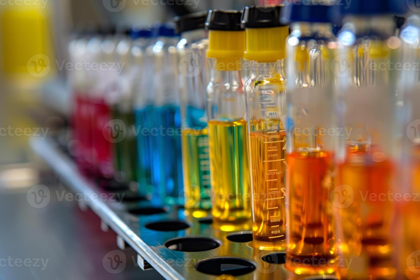 Scientist analyzing test tubes containing multicolored solutions in a laboratory photo