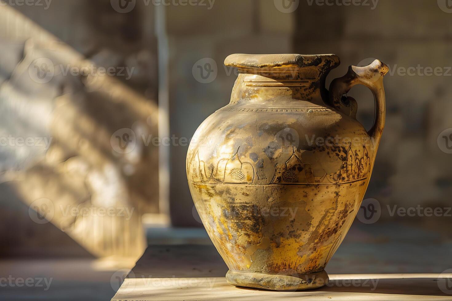 Ancient clay vase standing on wooden table in sunbeam photo