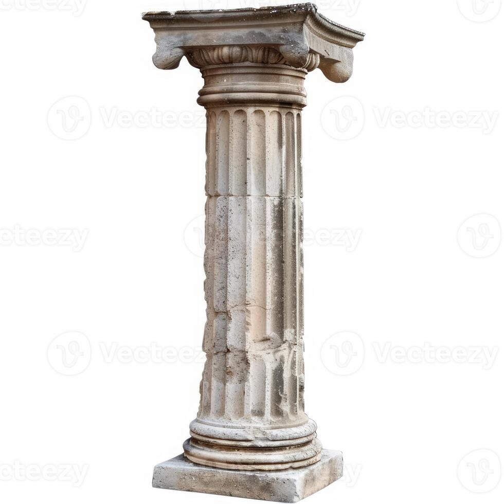 Ancient fluted column with capital showing deterioration isolated on white background photo