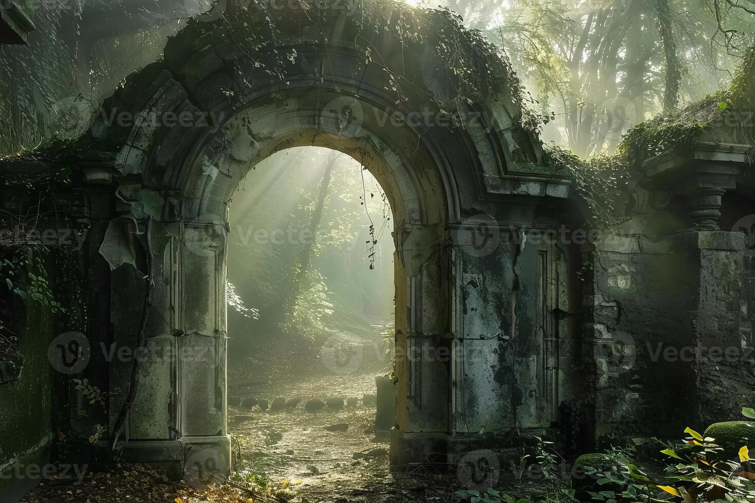 Sun rays shining through ancient stone archway in lush forest photo