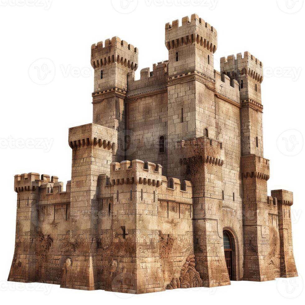Majestic medieval castle standing tall against white background photo