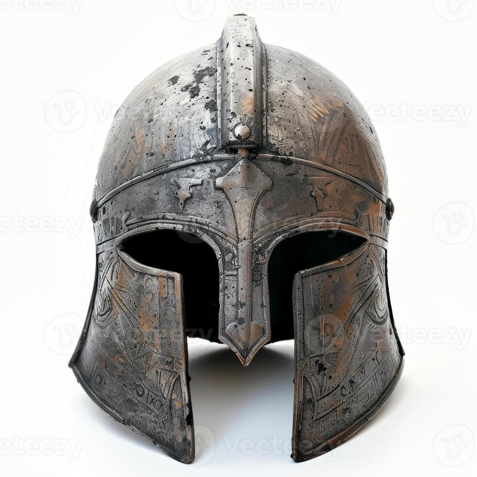 Ancient warrior helmet evoking courage and strength on white background photo