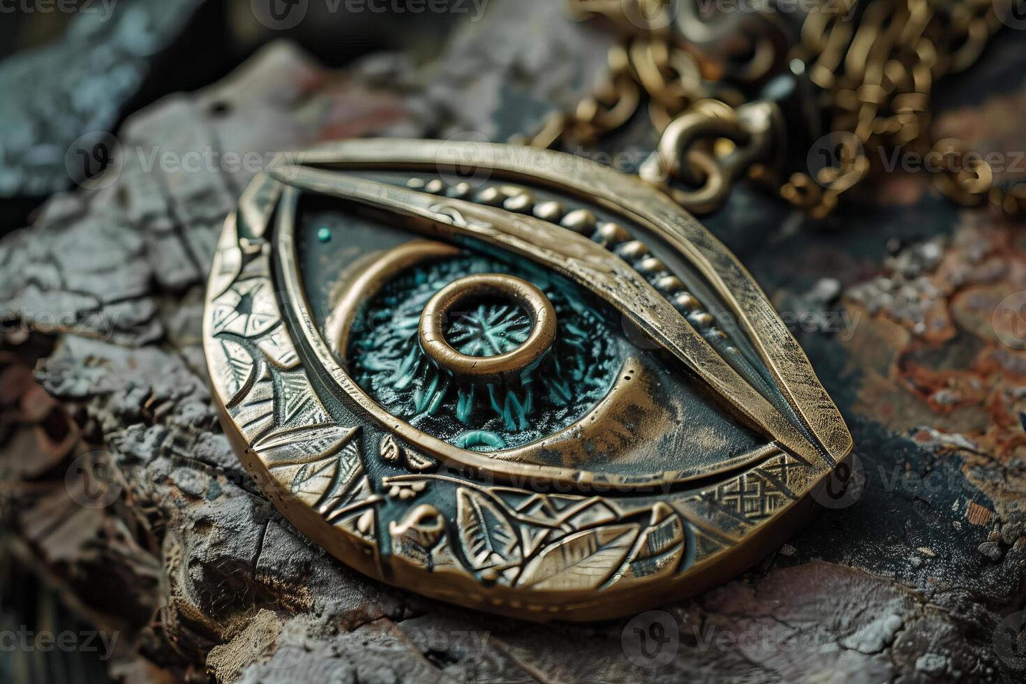 Bronze pendant in the shape of eye lying on wooden surface photo