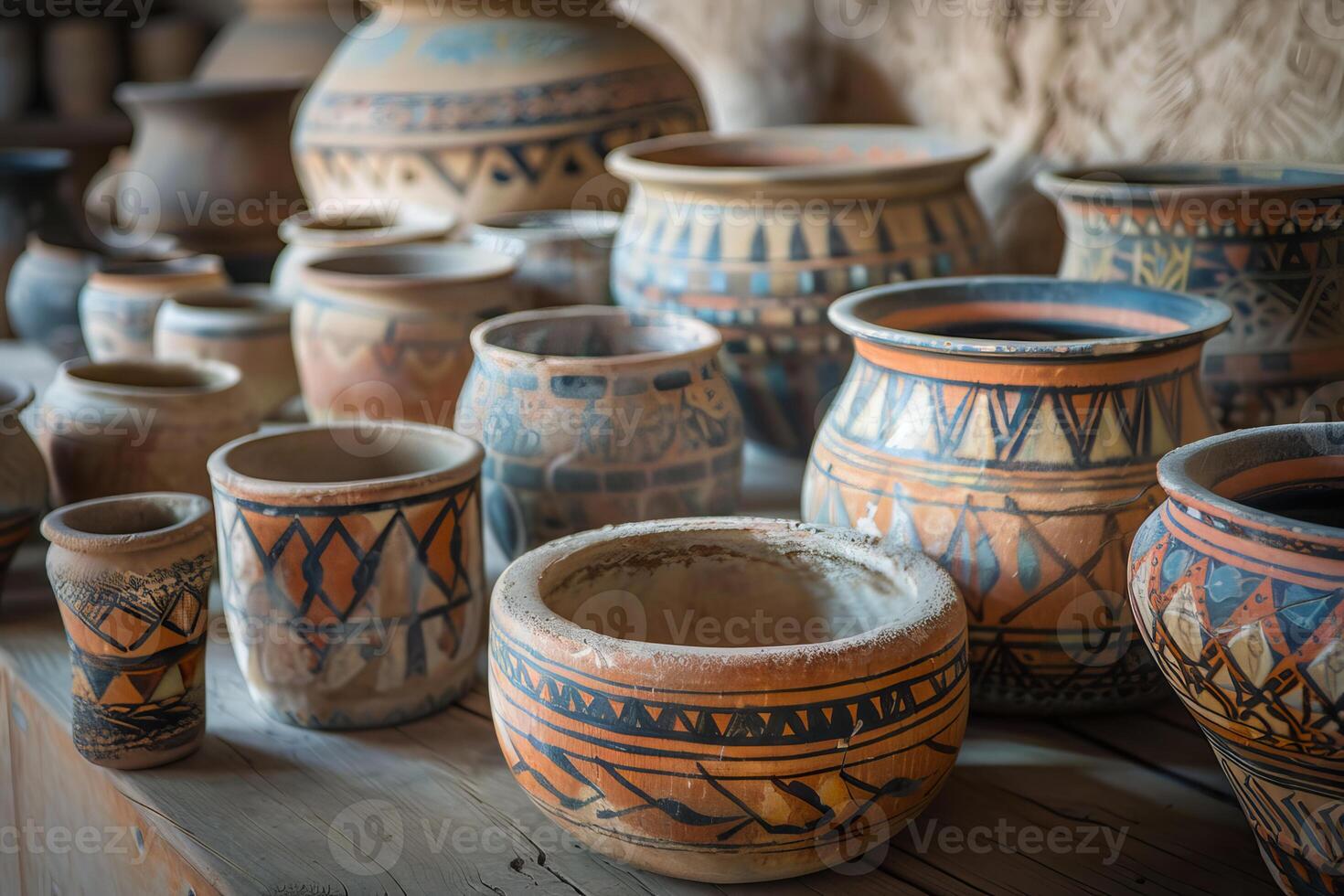 Ancient clay pots with traditional ornaments displayed on wooden table photo