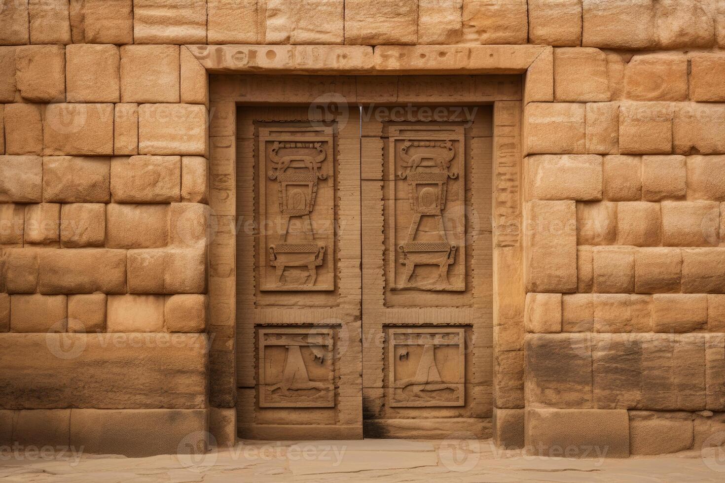 Ancient carved wooden door in sandstone wall at temple of soleb, sudan photo