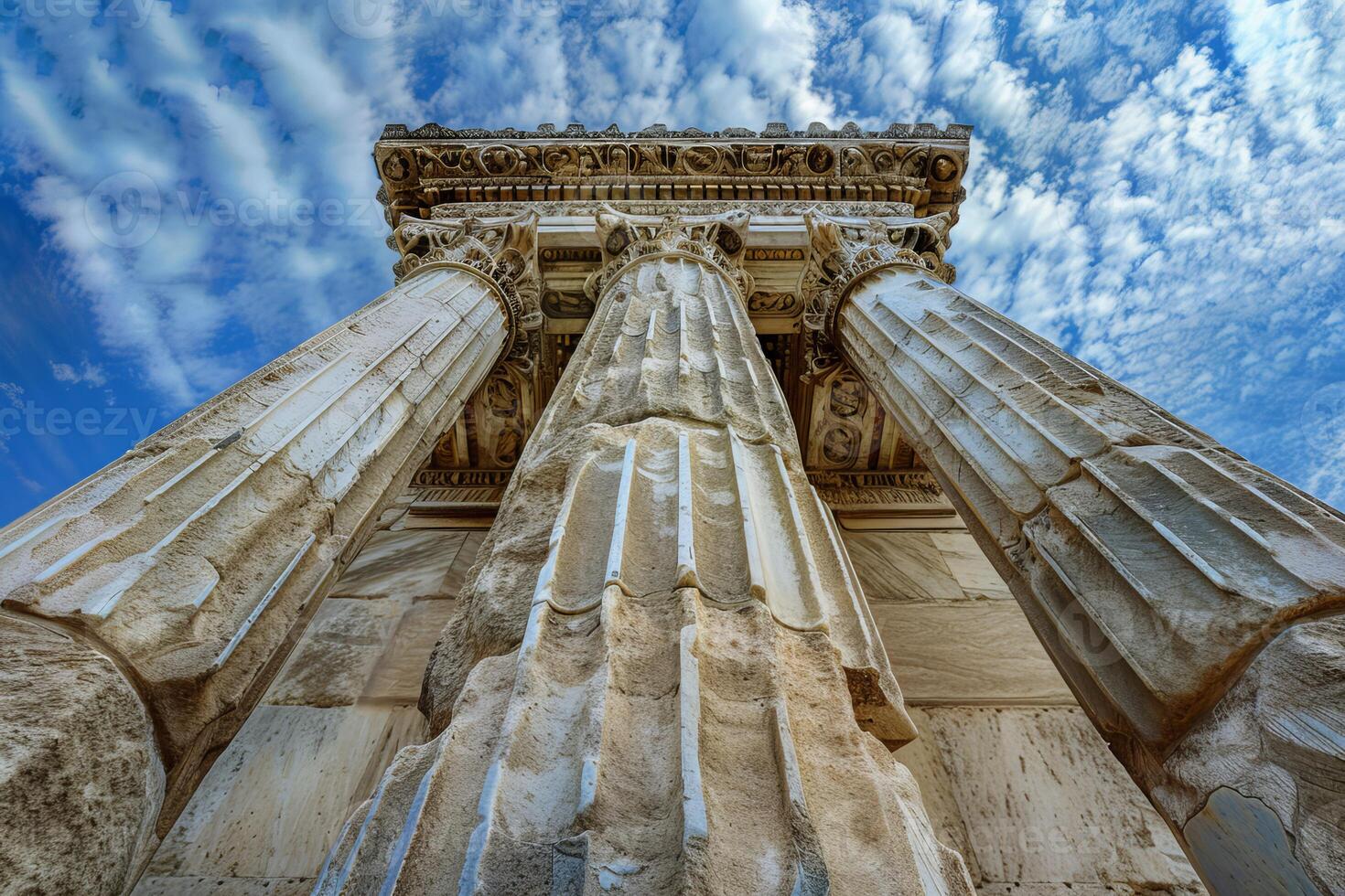 Ancient greek columns reaching for a blue sky with white clouds photo