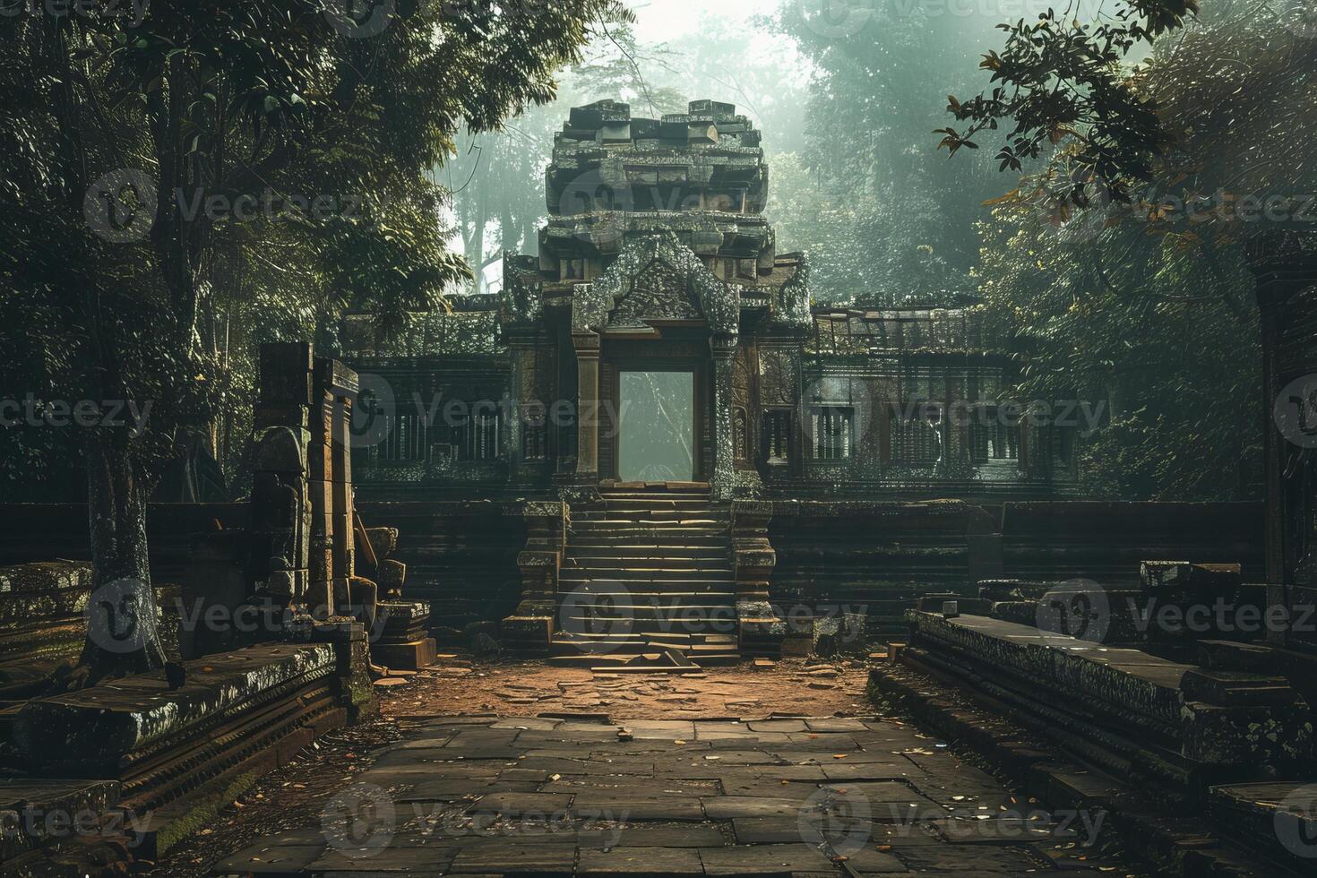 Pathway leading to ancient stone temple in jungle photo