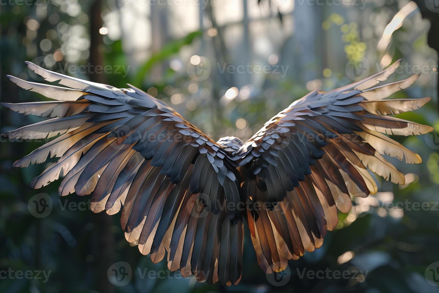 Majestic bird showing powerful wings while flying in tropical forest photo