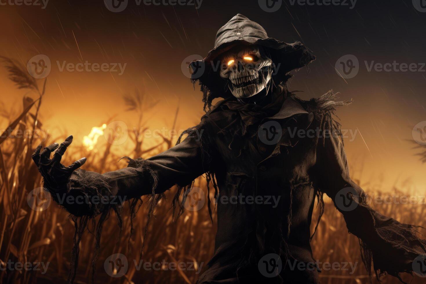 Scary scarecrow with glowing eyes threatening in cornfield at night photo