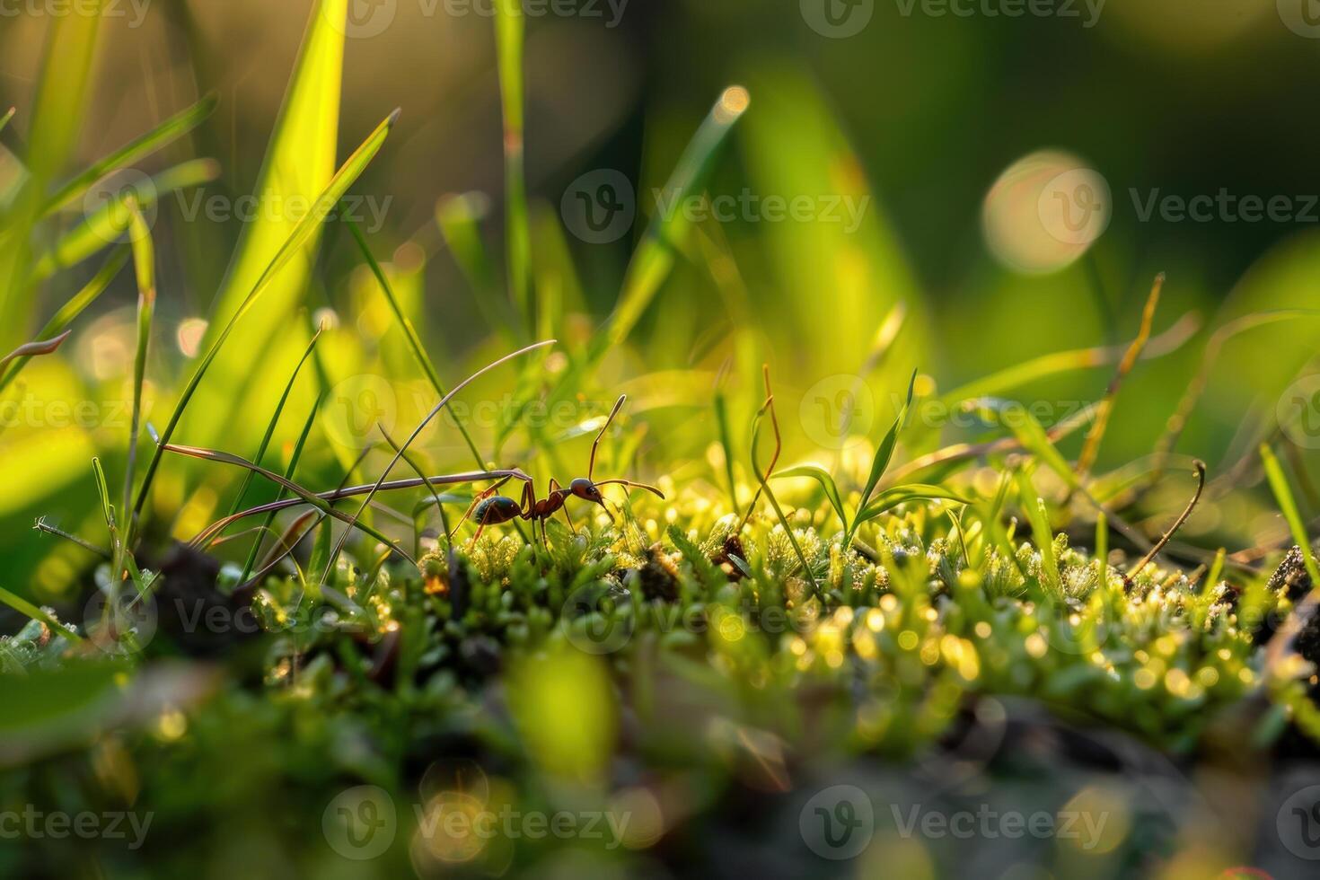 Red ant crawling on moss in the grass close up photo