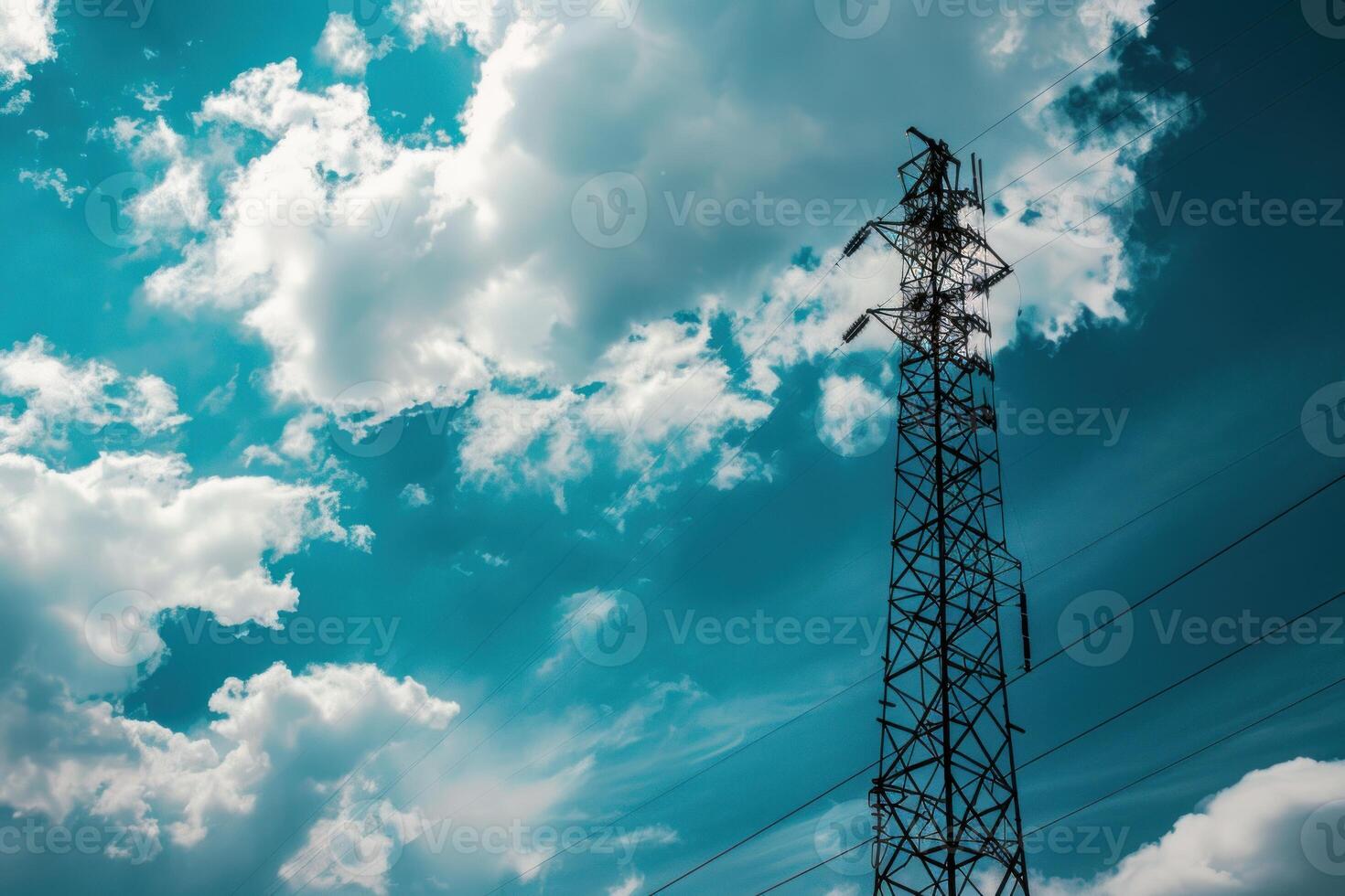 High voltage power lines tower reaching for the cloudy sky photo