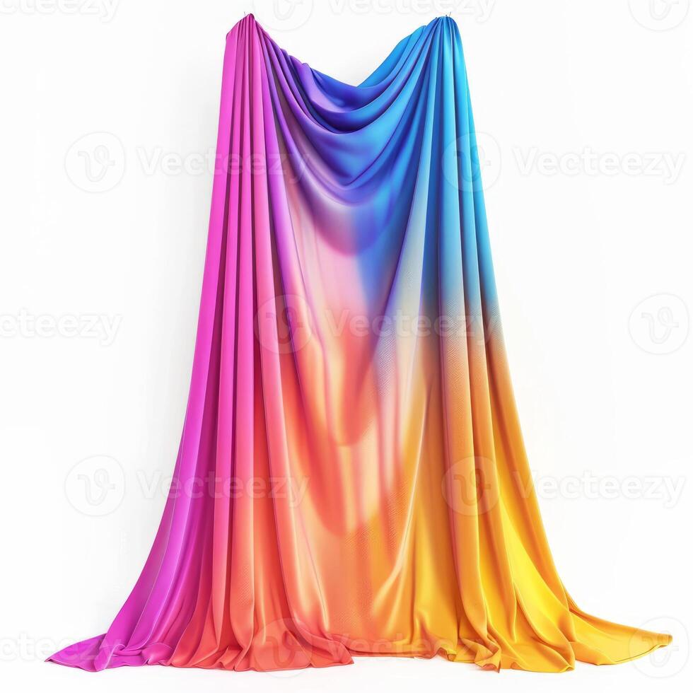 Vibrant rainbow cloth hanging on white background, flowing fabric with colorful gradient photo