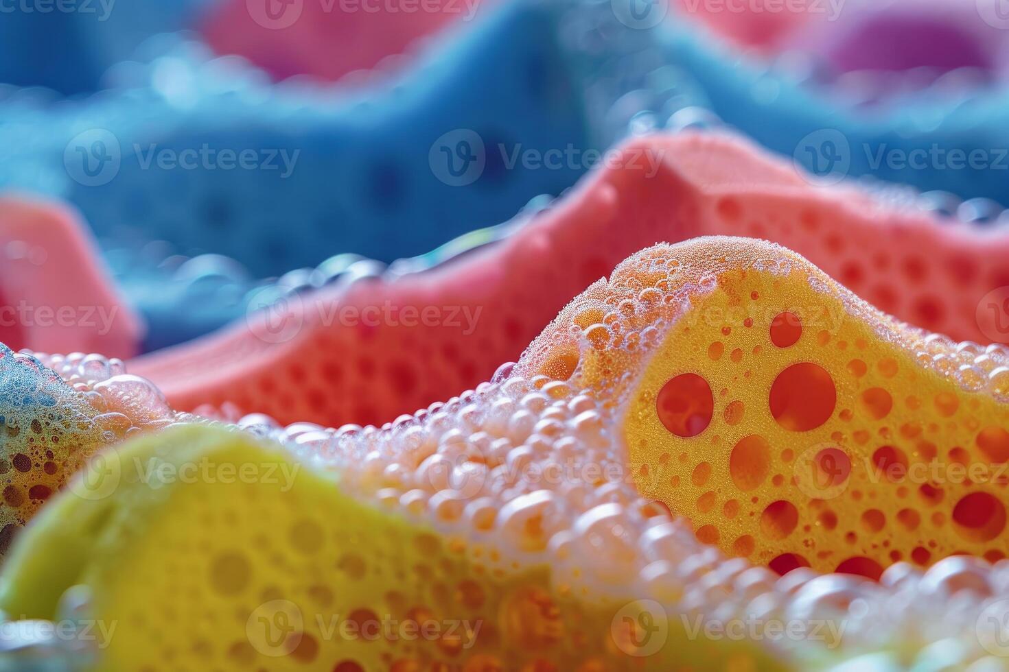 Soapy colorful sponges creating abstract background texture photo