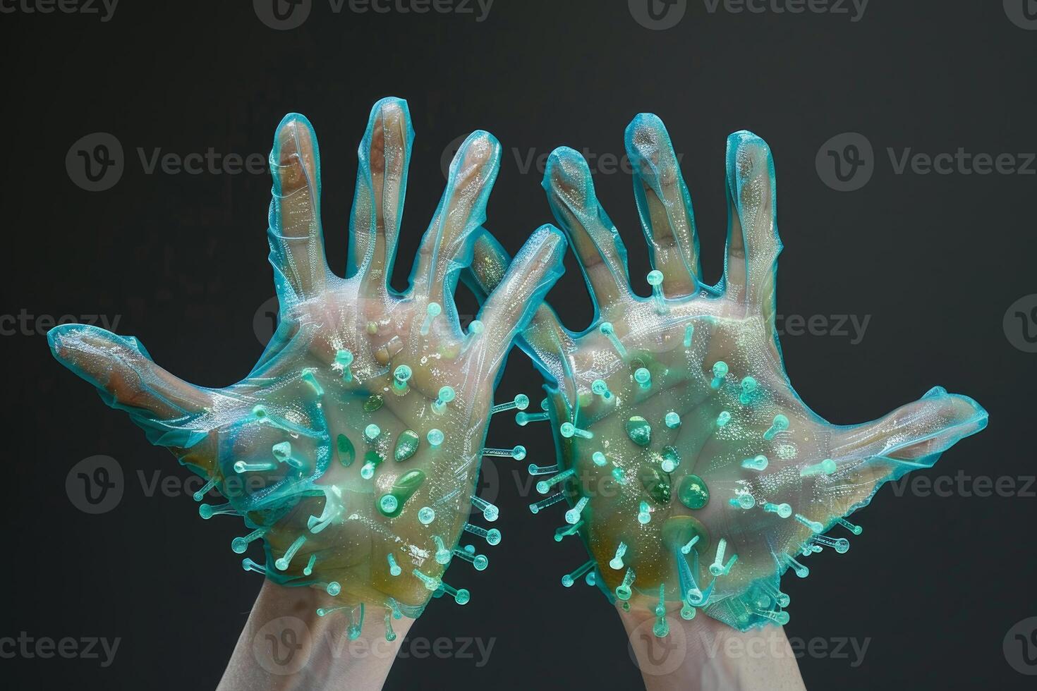 Scientist wearing transparent protective gloves with green solution and spikes in laboratory photo