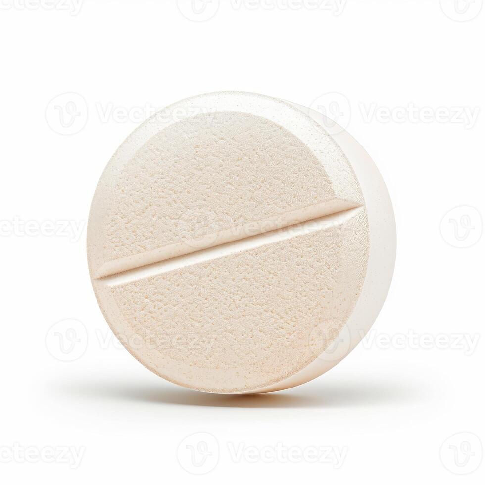 Single white round pill resting on white background photo