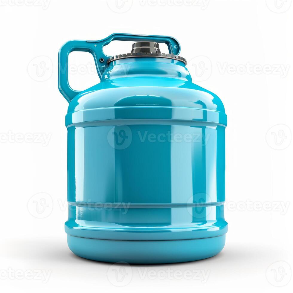 Large blue plastic jug with handle and screw on lid on white background photo