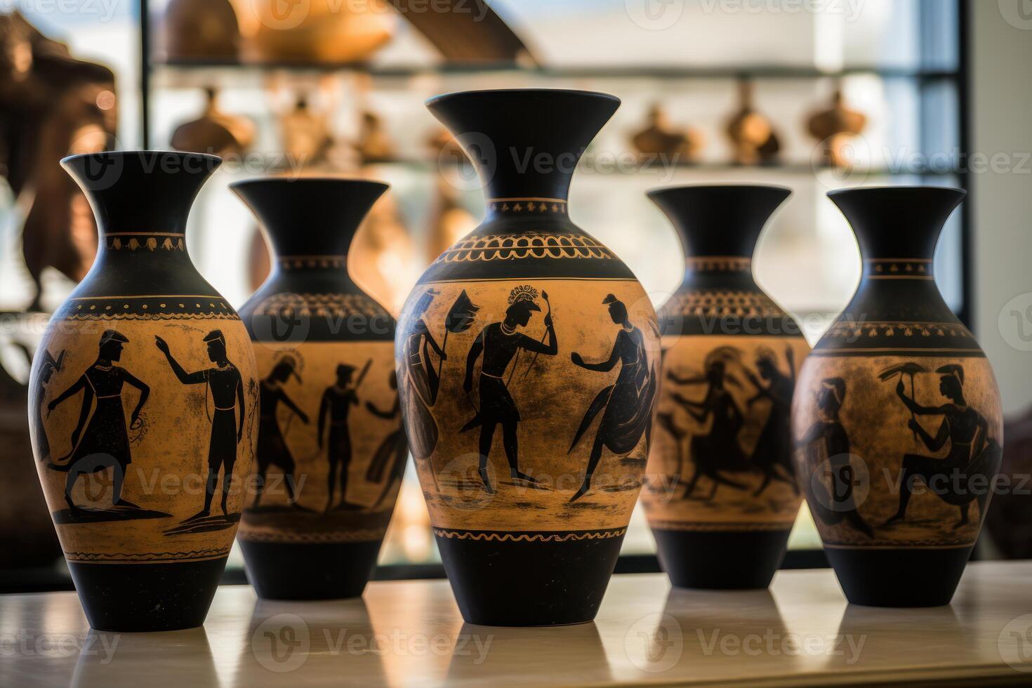 Ancient greek vases depicting mythology scenes stand on display photo