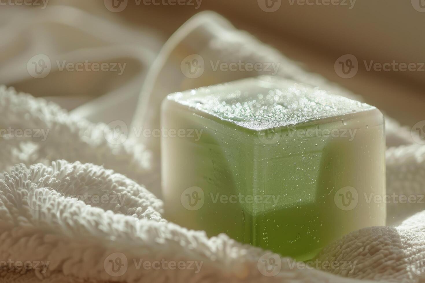 Green transparent soap bar resting on white towel photo