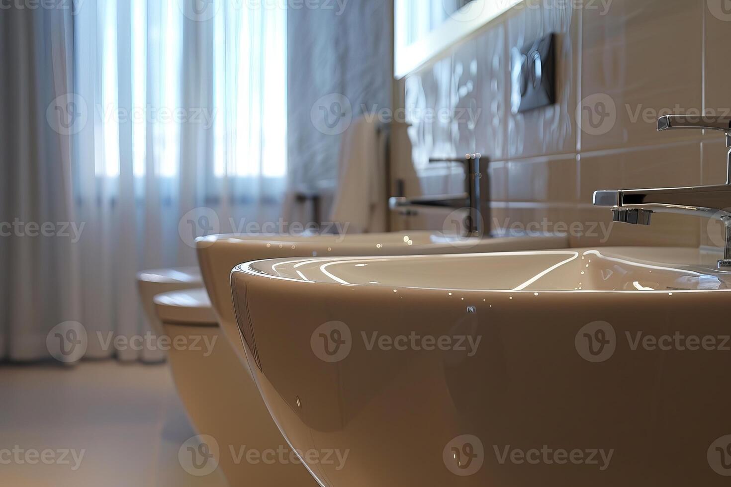 Modern bathroom sink and faucet with bidet in background photo